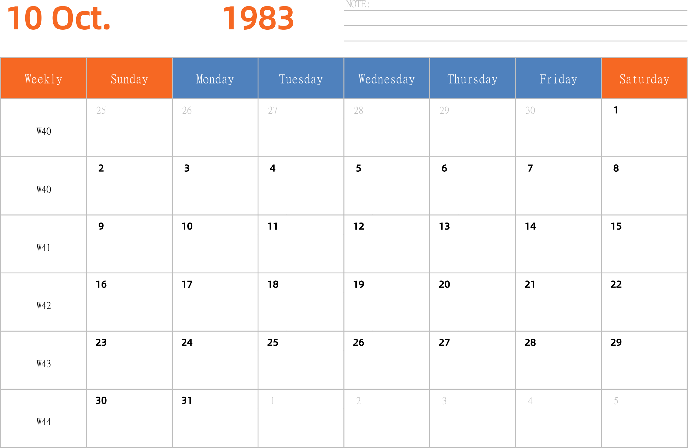 日历表1983年日历 英文版 横向排版 周日开始 带周数